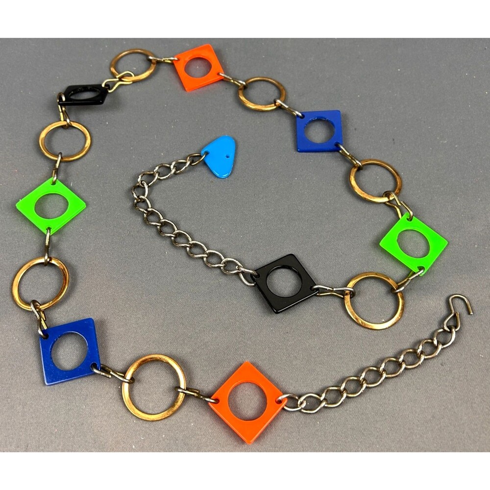 Vintage Metal + Plastic Geometric Chain Adjustable Belt 38" Long